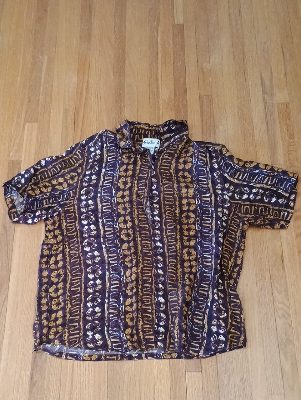 Studio A Short-Sleeve Button-Up Silk Shirt in Navy and Mustard Pattern